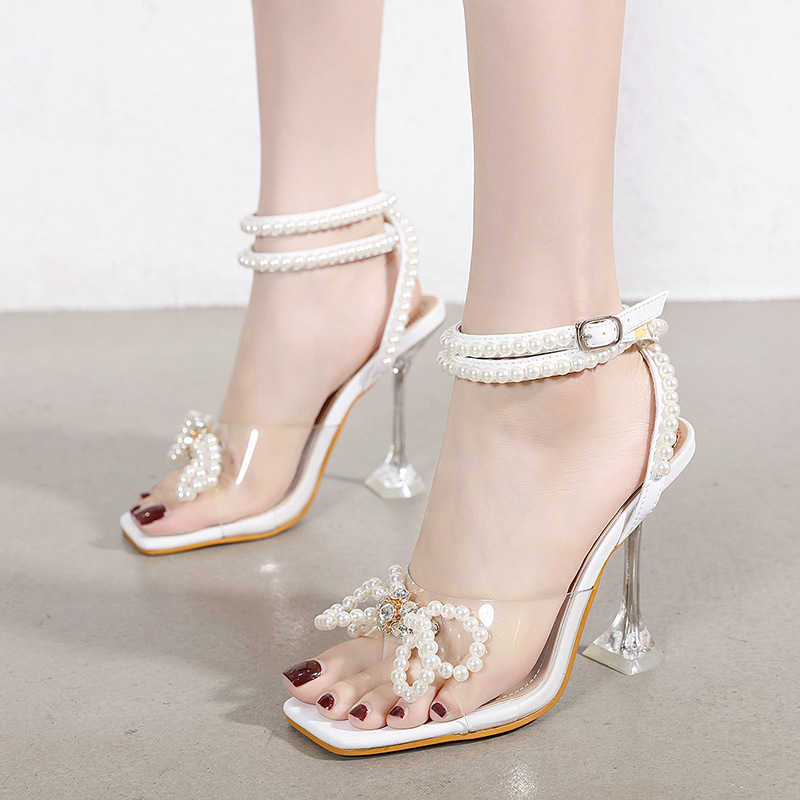 Transparent Heel Women's Sandals Pearl Diamond Women's High Heels Beaded Bow Tie Sandals for Women Beach Shoes Female Slippers Y0907
