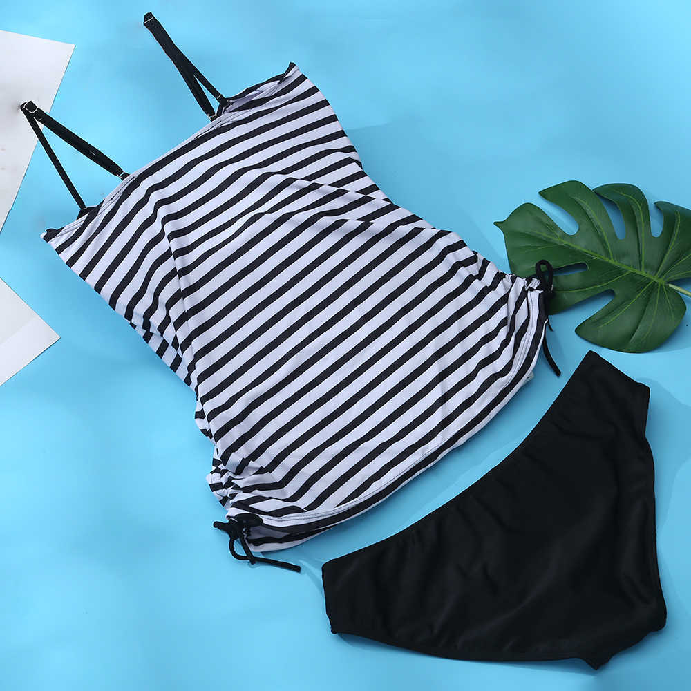 Summer Women Sexy Two Piece Swimwear Stripe Tankini Set Black White Vintage Swimsuit Beach Bathing Suit 210625