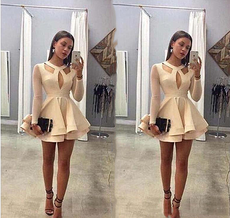 Sexy Keyhole Short Cocktail Party Dresses A-Line Long Sleeve 2021 Girls Cheap Satin Mini Homecoming Dress Special Occasion Gowns