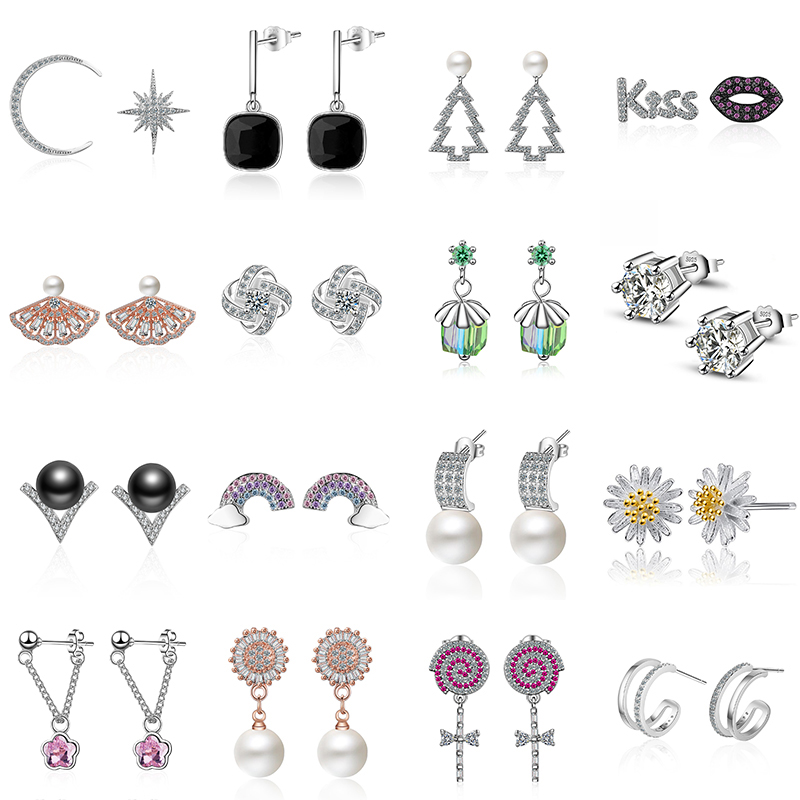 Real 925 Silver Stud Earrings For Girl Fashion Jewelry Wedding Gift Crystal Moon Star