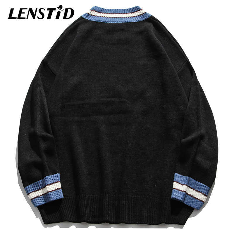 LENSTID Men Hip Hop Knitted Jumper Sweaters Embroidery Bear Streetwear Harajuku Autumn Casual Knitwear Pullovers Fashion Tops 210818
