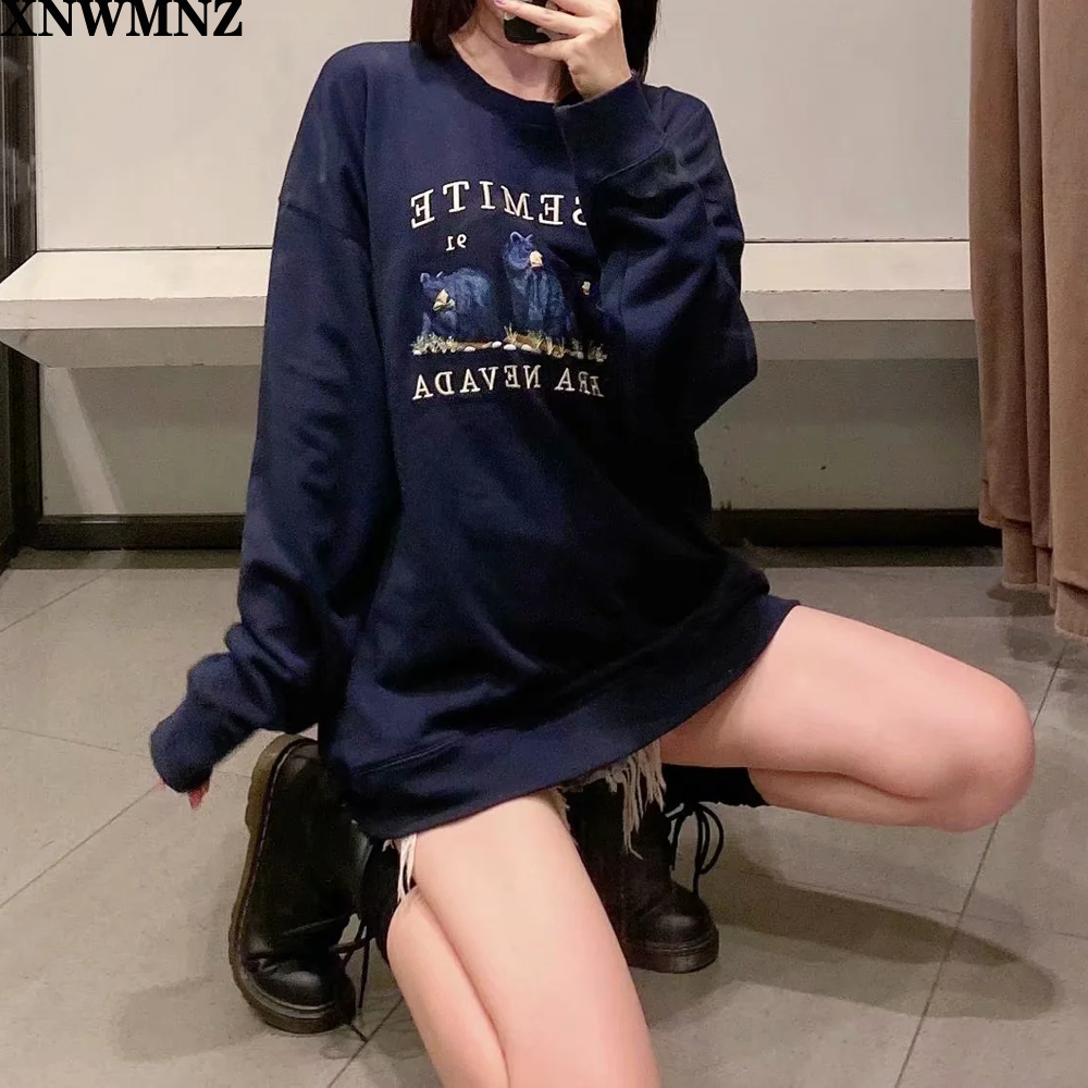 Oversize girls embroidery blue sweatshirts autumn fashion ladies elegant loose pullovers female cute sweatshirt women chic 201102