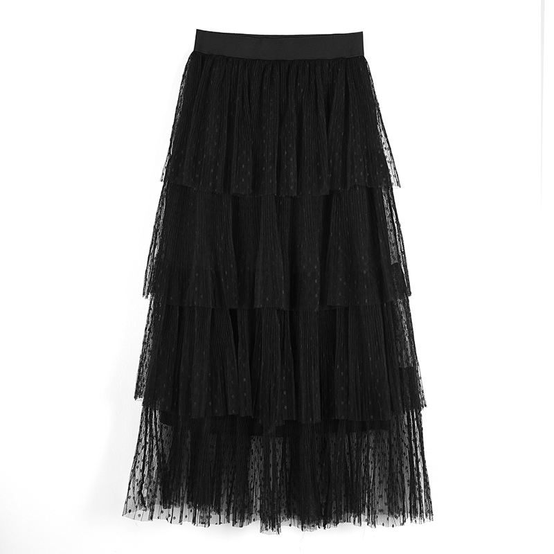 Fitaylor Spring Sweet Cake Layered Long Mesh Skirts Princess High Waist Ruffled Vintage Tiered Tulle Pleated ins Skirts 210306