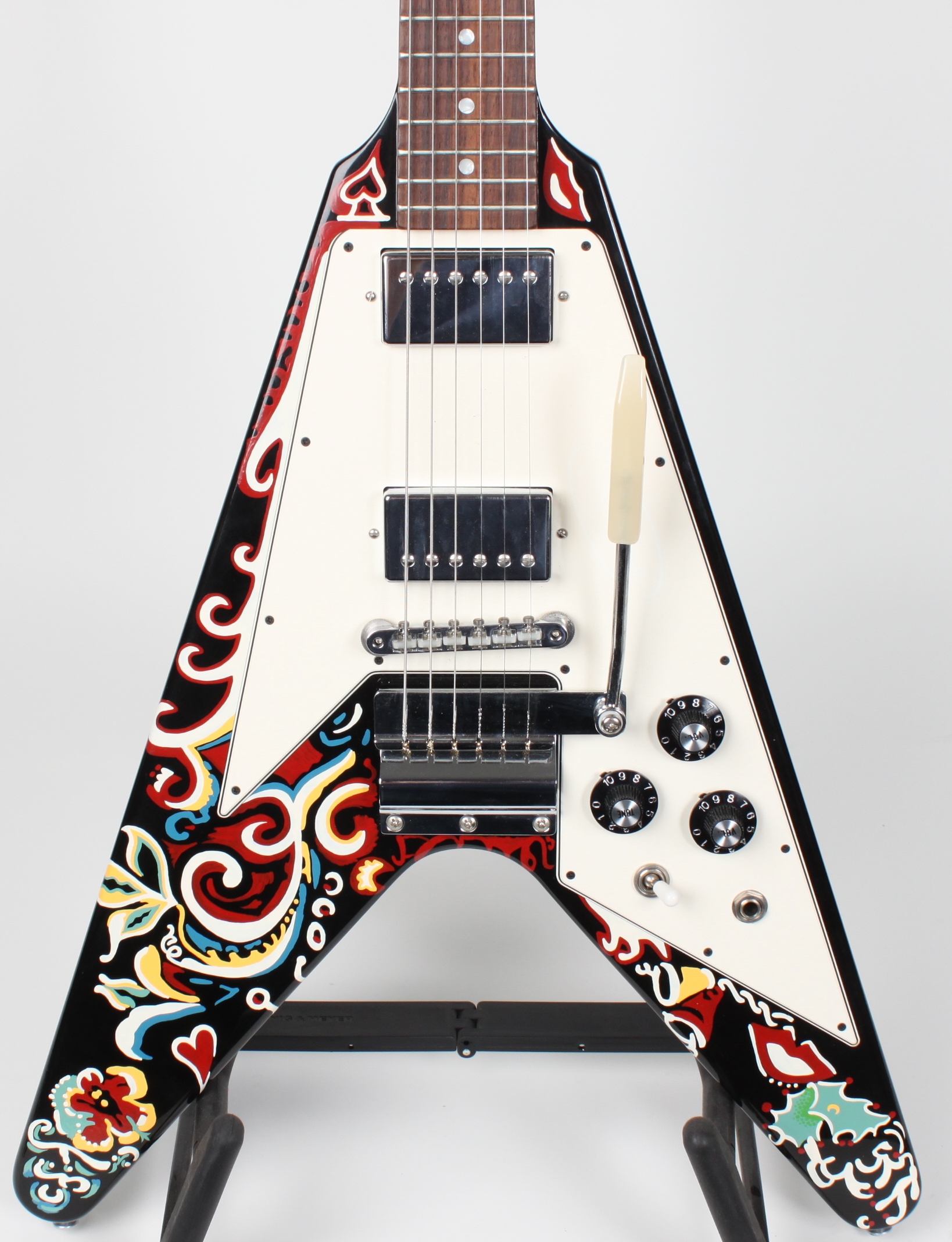 

Rare Jimi Hendrix Psychedelic Hand Painted Flying V Electric Guitar Maestro Vibrato Tremolo Tailpiece, Chrome Hardware, Tuilp Tuners, Dot Inlay, White Pickguard