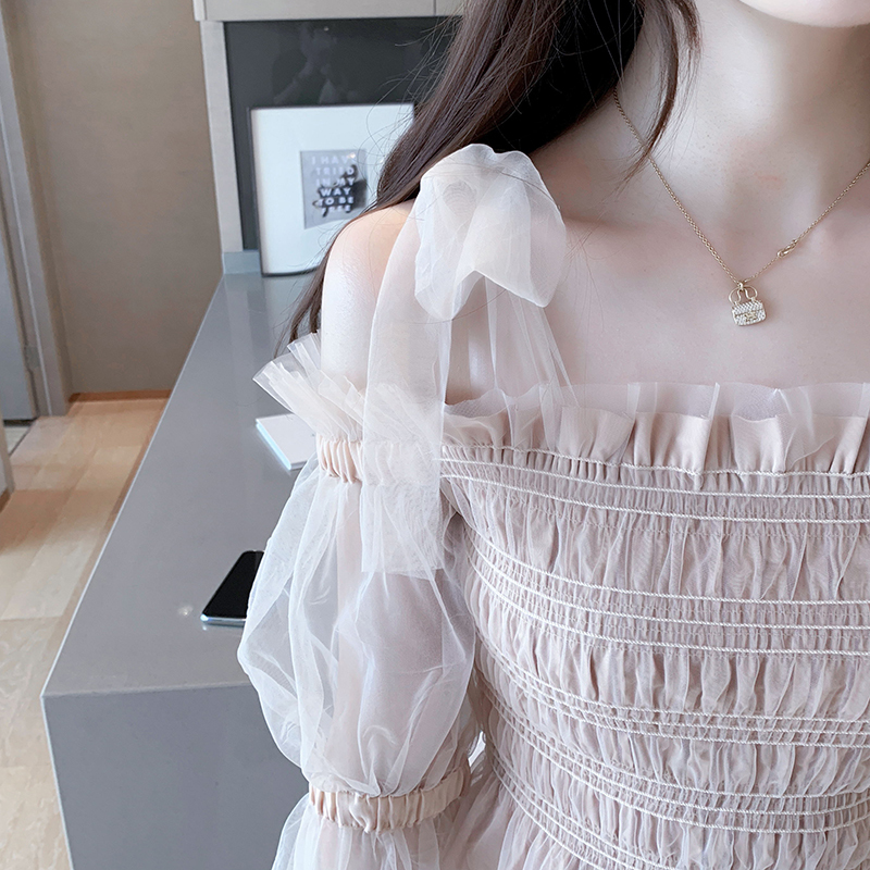 Women's Tops Ruffle mesh stitched Transparent lace chiffon shirt one-word Shoulder Sexy Splice Chiffon Bow Blouses Shirts 91B 210225