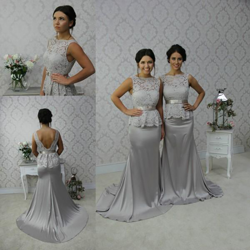 Elegant Bateau Neck Sleeveless Dresses Evening Backless Lace Bridesmaid Dress Mermaid Sweep Train With Sash Bow