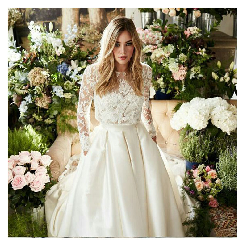 Two Pieces Country Wedding Dresses Long Sleeve Floral Lace Top With Satin Skirt A-Line High Low Bridal Gowns 2021 Garden Vestido De Noiva