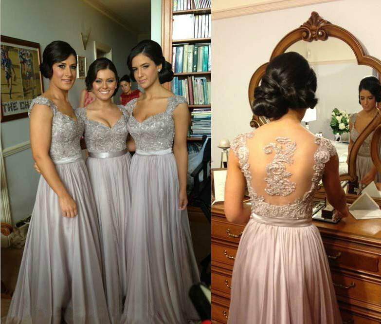 Silver chiffon lace Custom made New Big Discount cap sleeve long Bridesmaid Dresses formal dresses with ribbon
