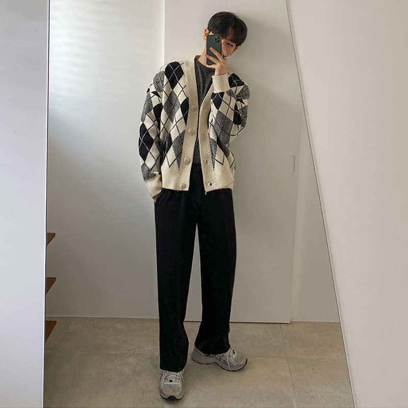 IEFB plaid kintted cardigan sweater men's Korean fashion spring autumn outerwear casual V-neck clothes vintage oversized 9Y4523 211008
