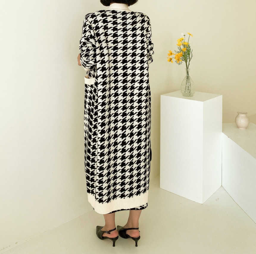 Korean Sweater Set Fashion Vintage Style V-Neck Long Knitted Sweater Coat + Houndstooth Vest Dress Female Two-Piece Suit 210708