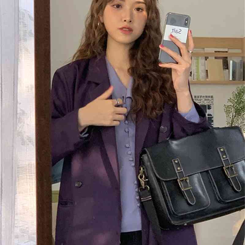 LY VAREY LIN Autumn Women Loose Solid Blazer Casual Notched Collar Outerwear Double Breasted Pockets Female Suits Coat 210526