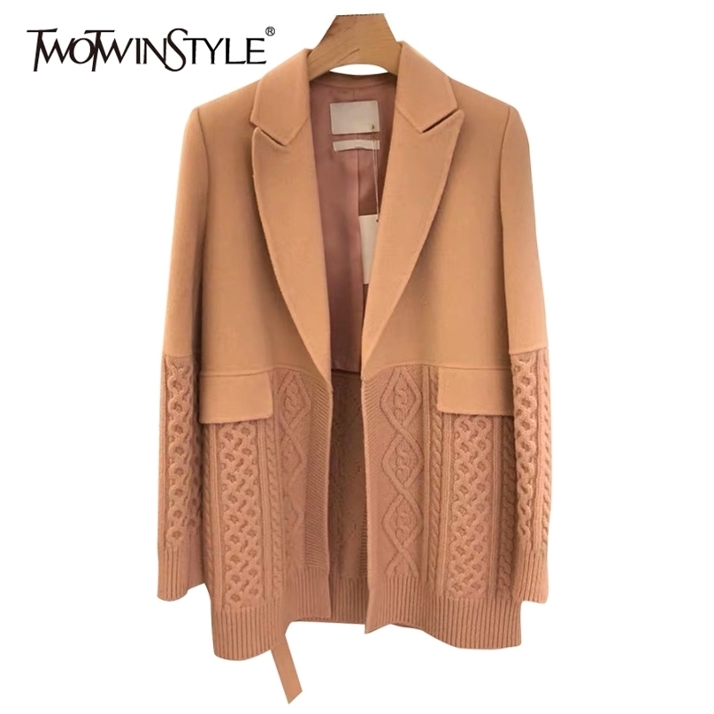 TWOTWINSTYLE Korean Fashion Female Blazer Notched Long Sleeve Patchwork Knitted Straight Loose Coats For Women Autumn Stylish 211122
