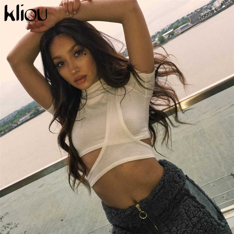 Kliou Classic Sexy Solid Black White O-Neck Short Sleeve T-Shirt Tees Women Strip Hollow Out Casual Crop Tops 210720