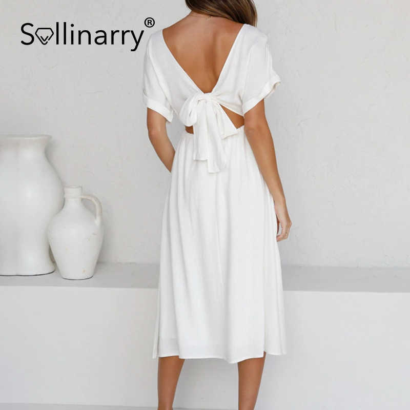 Sollinarry Sexy backless soild white color A-line women dress Summer causel short sleeve dress chic ladies holiday female dress 210709
