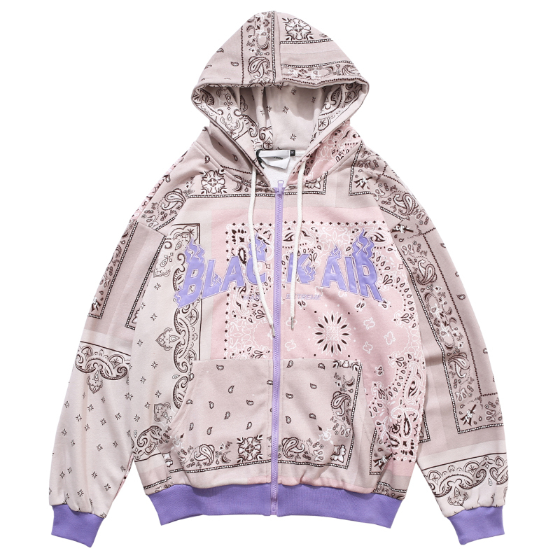 Mens Hip Hop Pullover Hoodies Embroidered Bandana Patchwork Full Zipper Hooded Sweatshirts Jackets Harajuku Casual Tops 201020