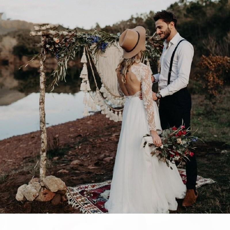 Boho Dresses 2021 Long Sleeves Simple Lace Tulle Sexy Backless Custom Made Plus Size Sweep Train Country Wedding Gown Vestidos 403