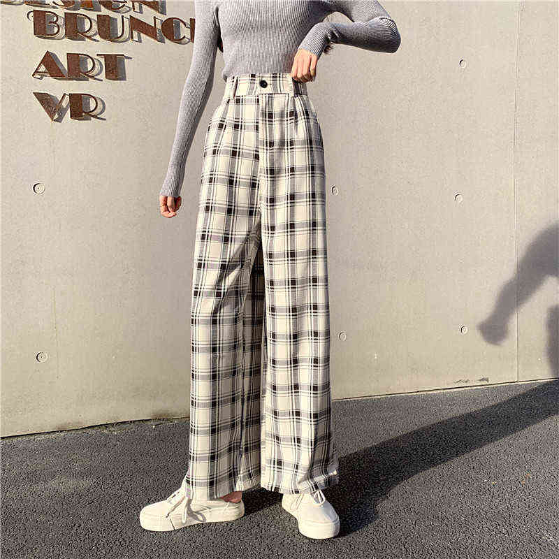 Zoki Plaid Women Pants Elastic High Waist Korean Fashion Plus Size Loose Spring Ladies Full Straight Casual Trousers S-4XL 211115