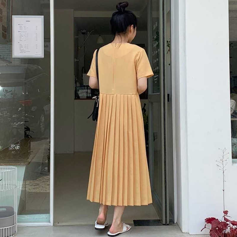 Korejpaa Women Dress Summer Korean Chic Ladies Age-reducing Sweet Round Neck Loose Solid Color Versatile Pleated Vestidos 210526