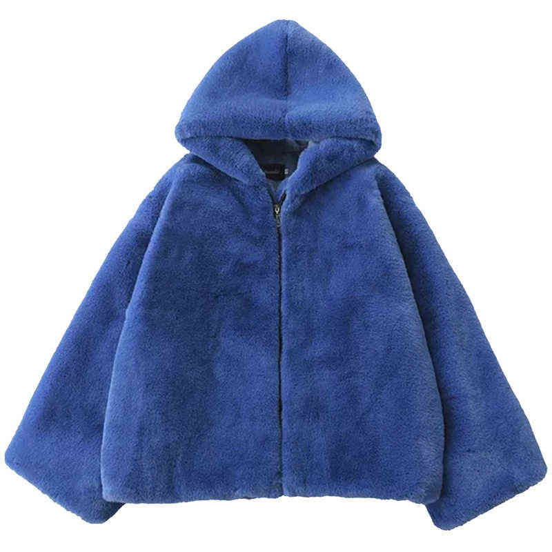 Lautaro Winter Oversized Warm Blue Soft Faux Fur Coat Women with Hood Long Sleeve Zipper Fluffy Jacket Loose Korean Fashion 211123