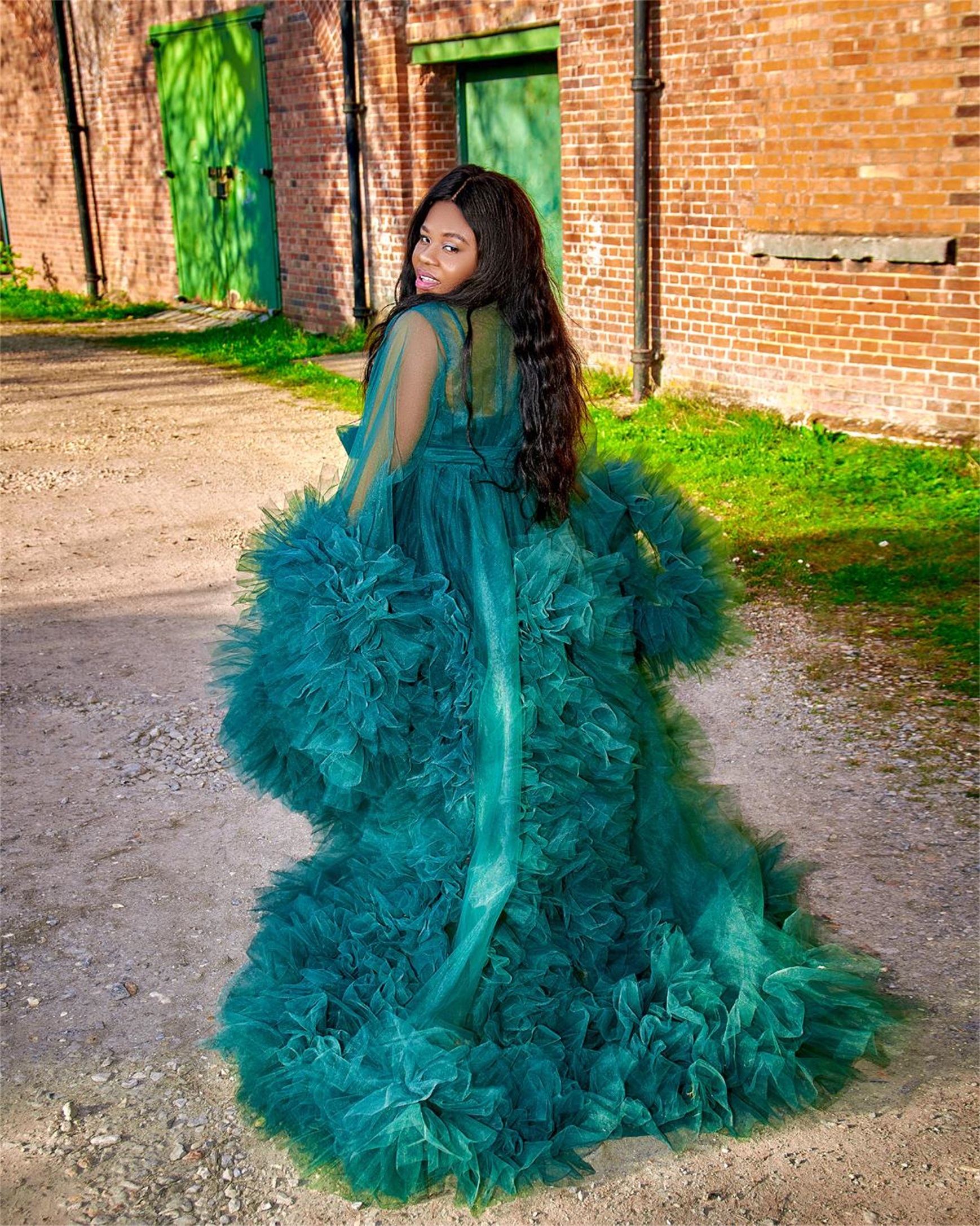 Dark Green Pregnant Photo Sleepwear Pajam Robe Ruffles Tulle Maternity Gowns for Photoshoot Custom Made Bathrobe Prom Maxi Dress