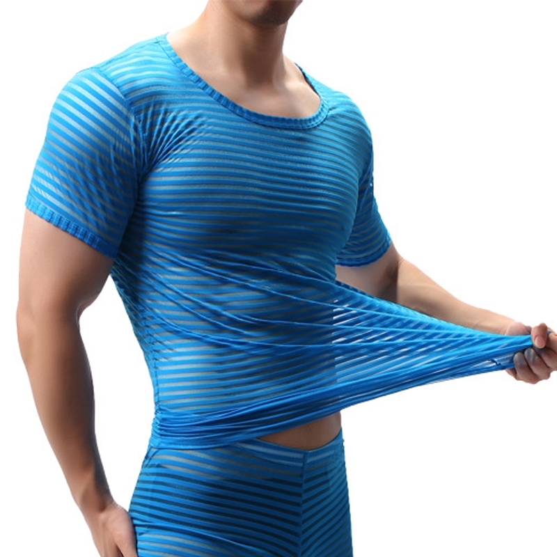 Mens Transparent Sexy Mesh T Shirt See Through Striped Short Sleeve Muscle Sleep Undershirts Nightclub Perform Top Tees 210629