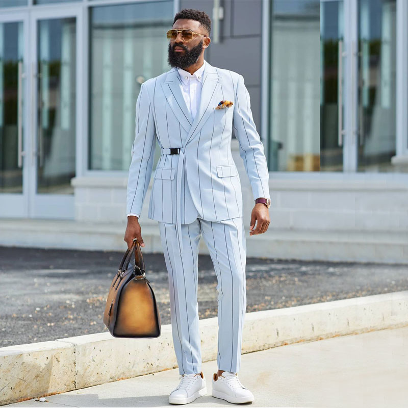 Light Mens Suit Peaked Lapel Wedding Tuxedos Vertical Stripe Two Pieces Groom Wear Prom Blazers With Jackets And Pants