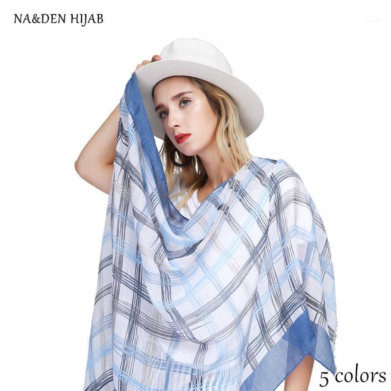 Scarves Natural Design Grid Pattern Shawl Fashion Plaid Hijab Luxury Women Shawls Brand Soft Muffler Islamic Hijabs, Blue;gray