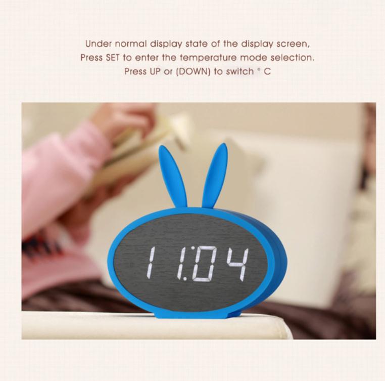 Cartoon Bunny Ears LED Wooden Digital Alarm Clock Voice Control Thermometer Display Blue