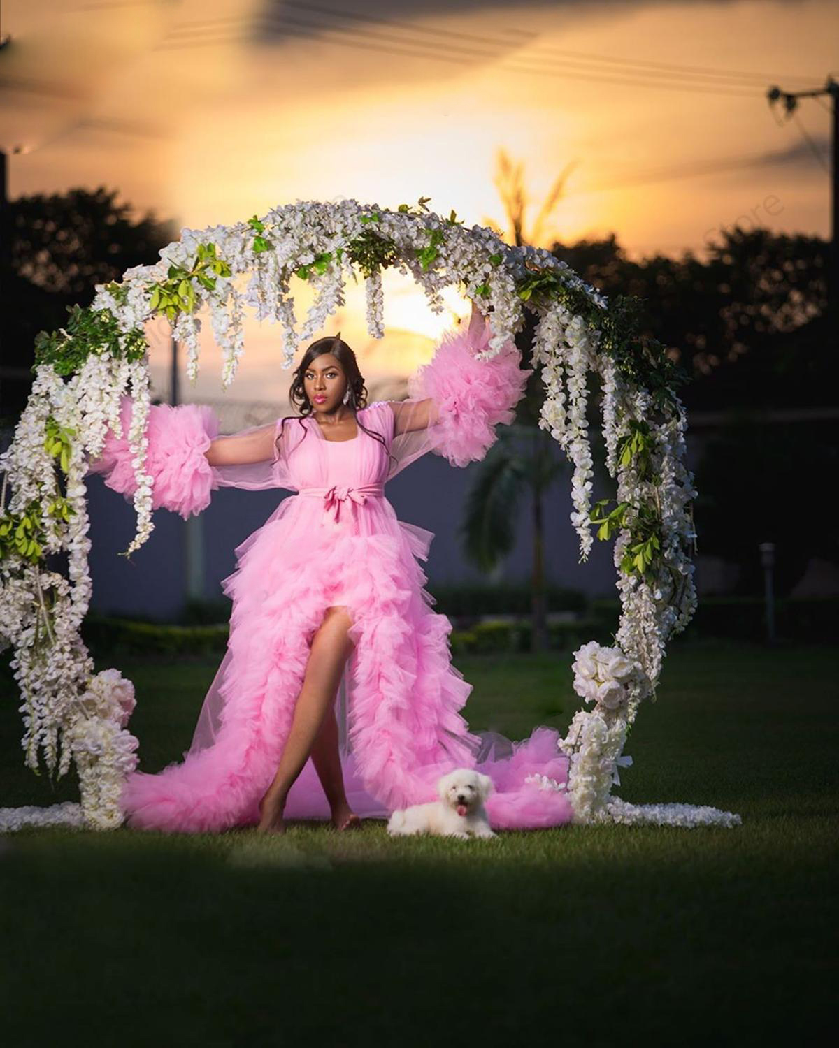 Lovely Pink Tulle Kimono Long Sleepwear Robes Ruffles Night Robe Photography Bridal Party Nightgown Robes for Women