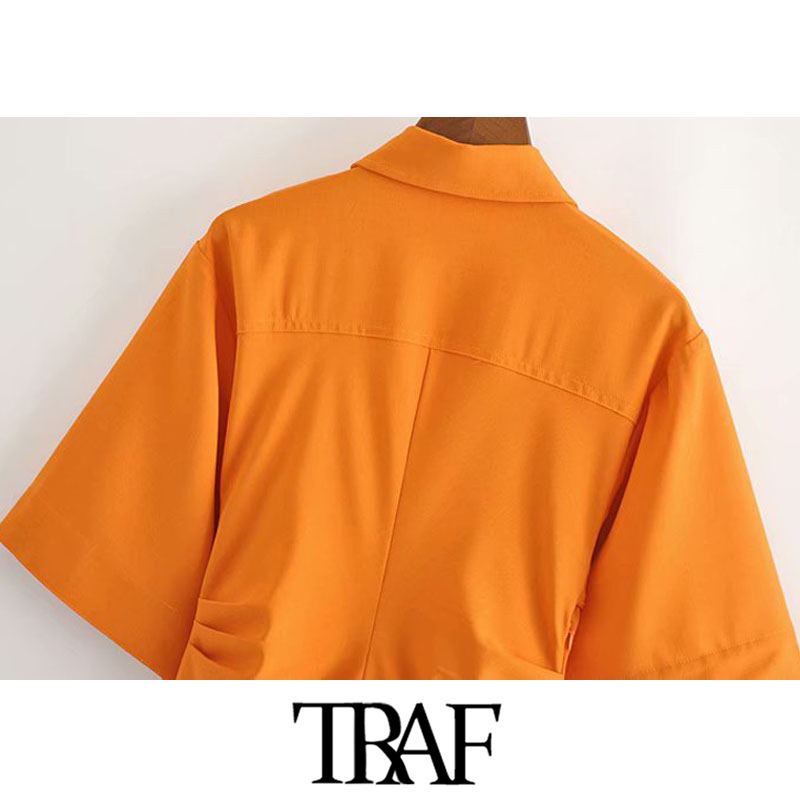 TRAF Women Chic Fashion Button-up Draped Midi Shirt Dress Vintage Short Sleeve Side Zipper Female Dresses Vestidos 210309
