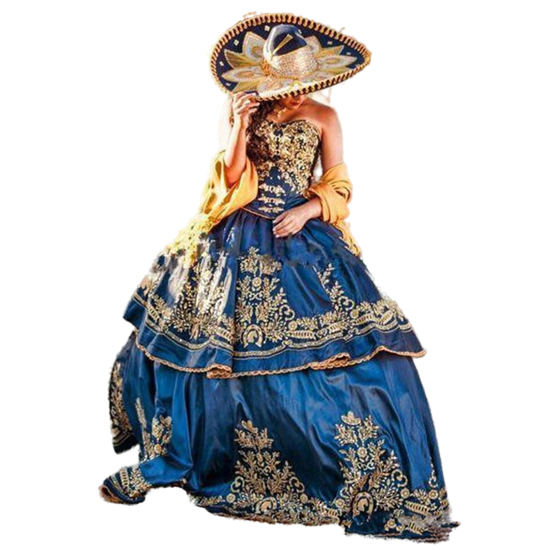 Traditonal Mexico Gold Embroidered Quinceanera Dresses Navy Blue Sweetheart Ball Gown Prom Brithday Dress Long Sweet 16 Dresses quinceañera Vestidos D