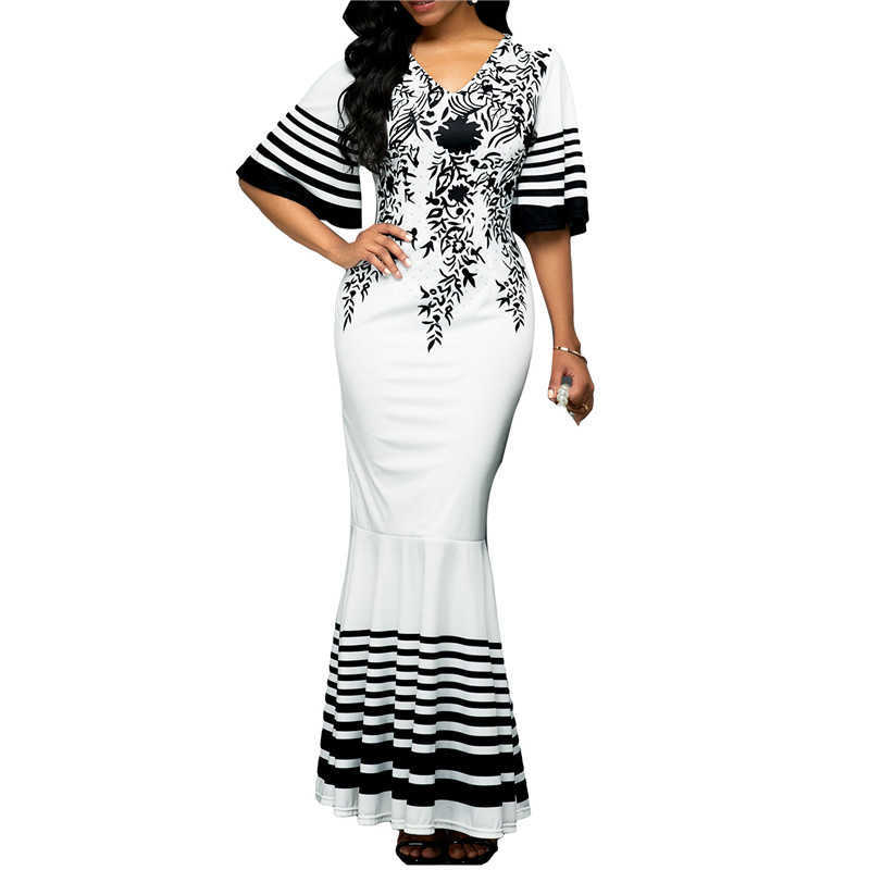 Long Dress Women printed Stitching Long High Waist Short Sleeves V-Neck Plus Size 5XL fishtail Womens Dress 210630