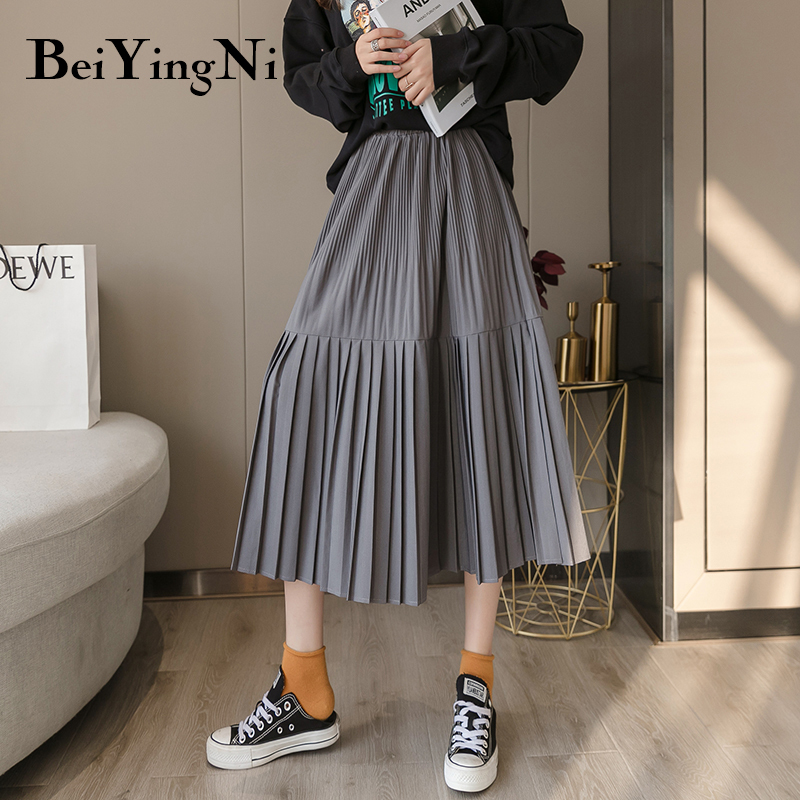 Beiyingni Vintage Pleated Midi Skirt for Woman Casual Elastic High Waist Solid Skirts Womens Harajuku Office Skirt Ladies 210309