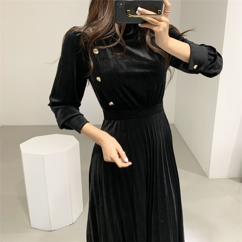 HziriP Retro Style Velvet Office Lady Sexy Slim Elegant OL Work Wear Fashion Chic High Waist Women Long Dresses 210309