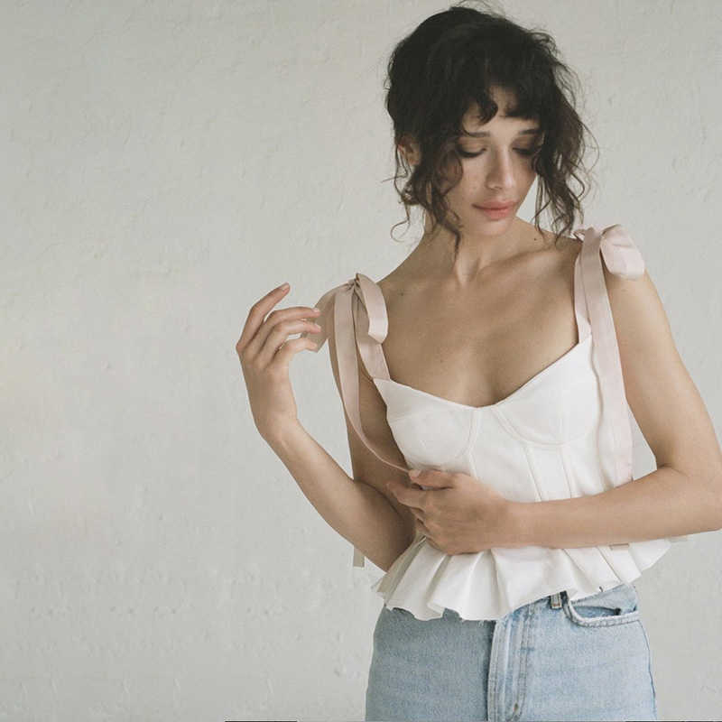 Hbenna Bow Lace up Crop Top Women Elegant V-Neck Ruffles Hem Camis Pink Strap Tank Top Summer White Ruched Sleeveless Top Sexy 210625
