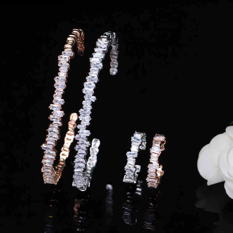 Cwwzircons Fashion Rose Gold Color Baguette Cubic Zirconia Cuff Bracelet Bangle and Ring Sets Best Friend Jewelry Gift T170