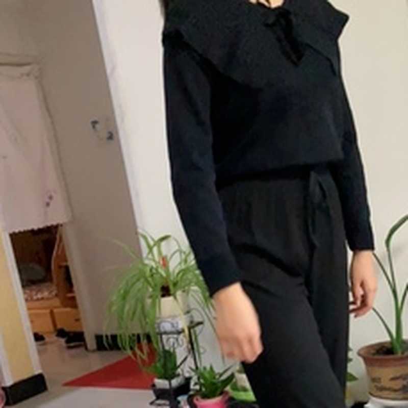 Peter Pan Collar Knitted Pullovers Woman Long Sleeve Solid Soft Fall Sweater Lace Up Elegant Office Lady Jumpers 211018