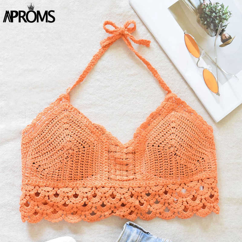 Aproms Boho White Lace Tassel Knitted Camis Women Summer Sexy Backless Hollow Out Beach Tank Tops Casual Halter Crop Top 210625