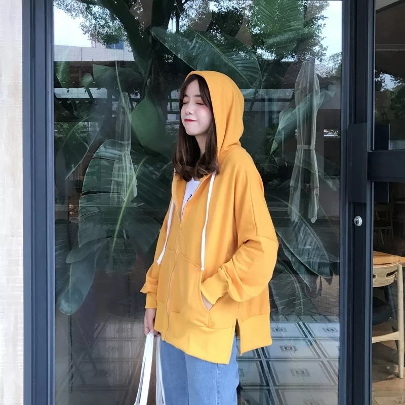 With Hat Hoodies Women New Spring Ulzzang Loose Zipup Thin Womens Clothing Pure Sideslit Chic Leisure Fashion Girl Sweatshirts T200525