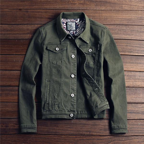 Men's Slim Denim Jacket Casual Coat Khaki, Black, Army Green, Red - Polyester, Long Sleeve, Regular Fit B4