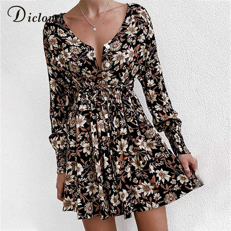 DICLOUD Women Floral Print Boho Party Dress Sexy V Neck Long Sleeve Spring Clothes With Waist Tie Elegant Day 210623
