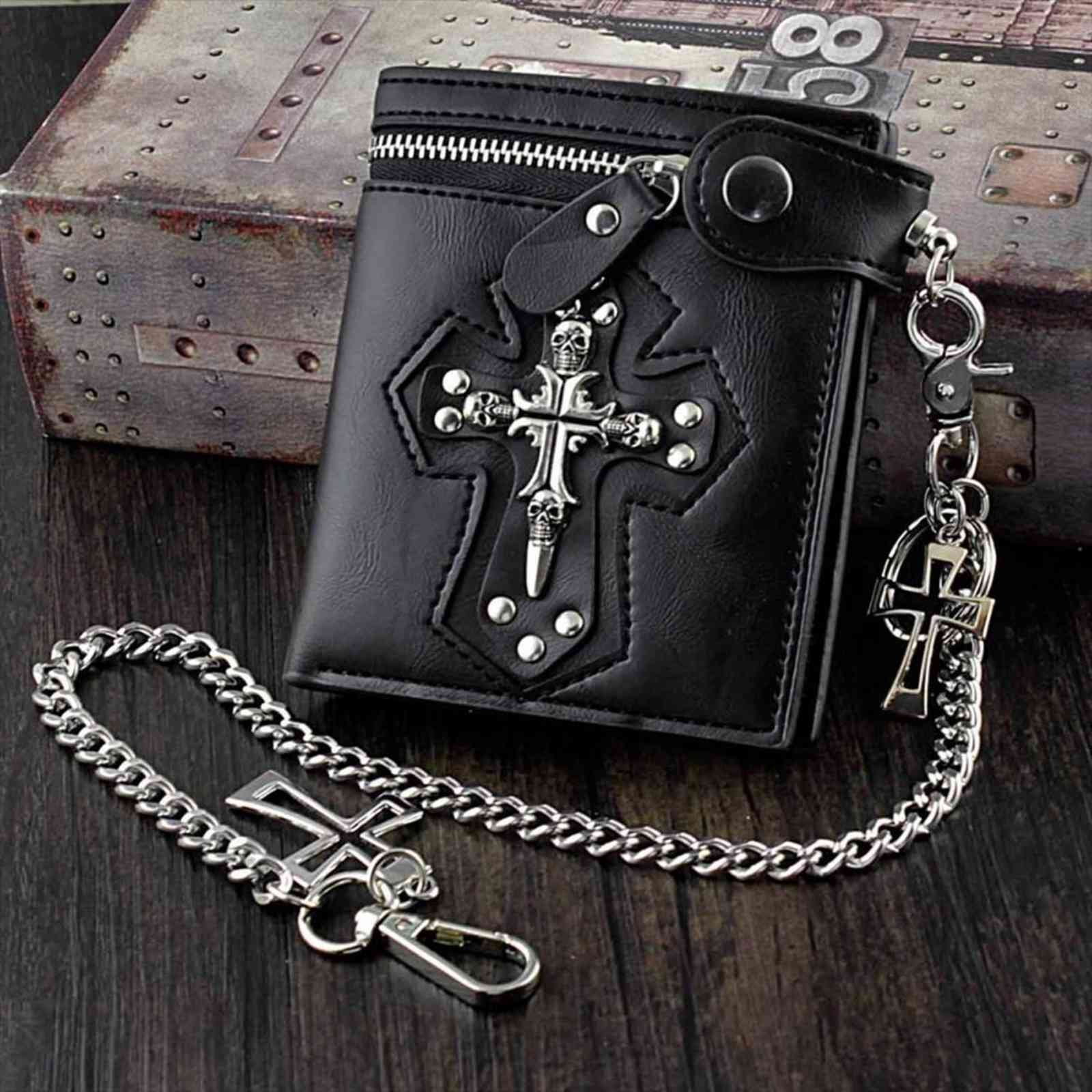 mens gothic cross clasp leather wallet with antique biker chain black, Red;black
mens gothic cross clasp leather wallet with antique biker chain black, Red;black
