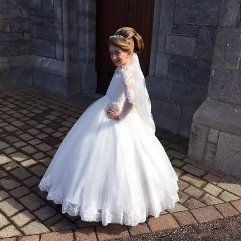 2021 White Flower Girls Dresses Long Sleeves High Neck Lace Appliques Flowers Girl Dress Teens Kid Wear Birthday Party Communion Gowns
