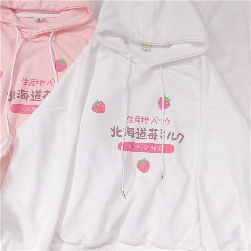Harajuku Kawaii Strawberry Milk Graphic Sweatshirt Hoodie Women Streetwear Winter Plus Size Women Loose Thin Hoodie Cute Clothes 201212