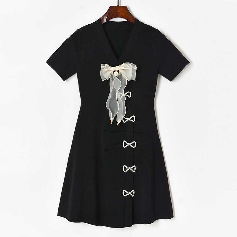 Summer Beading Bow Decoration Female V-neck Silm Waist Knit Woman Dress Elegant Sweet Fresh Dresses for Women 210525