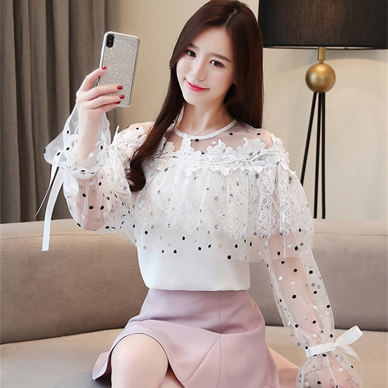 Dingaozlz New Sweet Women Blouse Fashion Lady's Chiffon shirt Patchwork Mesh Lace Tops Flare sleeve Ruffles Casual shirt T200321