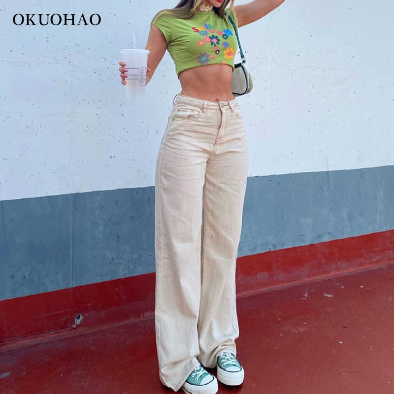 Straight Leg Beige Jean Pants Women Fashion Wide Mom Y2K Pant Summer Classic Streetwear Baggy Trousers High Waist Loose 210922
