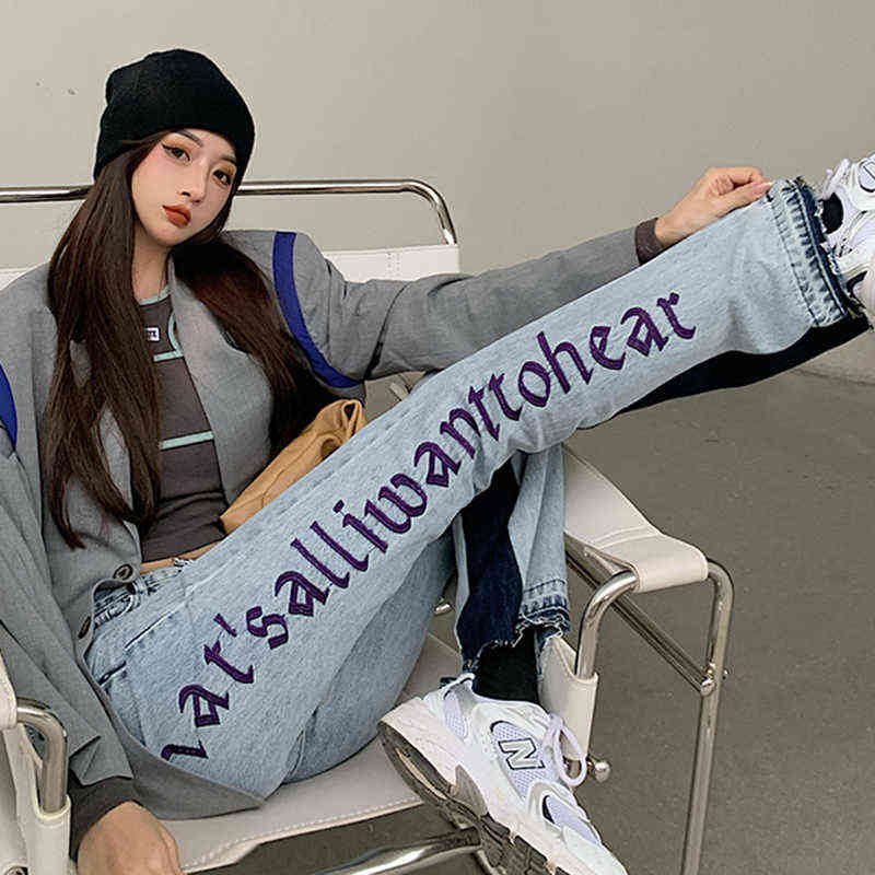 European Spring Autumn Denim Back Letters Embroidery Thin Loose High-waisted Jeans Straight Pants Women Fashion Streetwear 211129