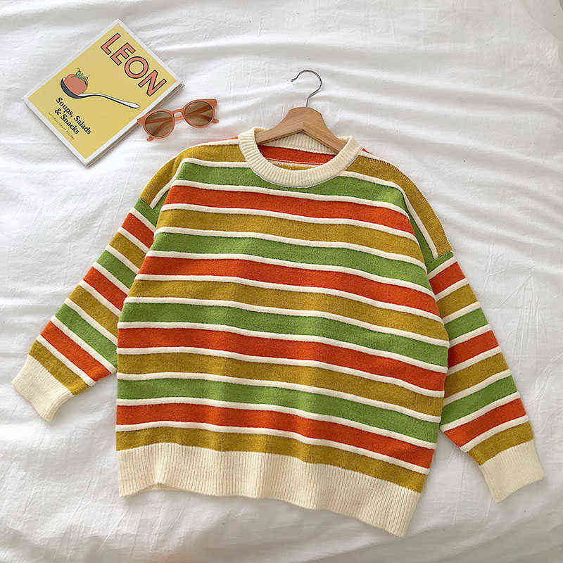 Women Stripe Sweater Autumn Winter Loose Long Sleeve Pullover Tops Korean Ladies Knitted Patchwork Korean Sweaters 211109