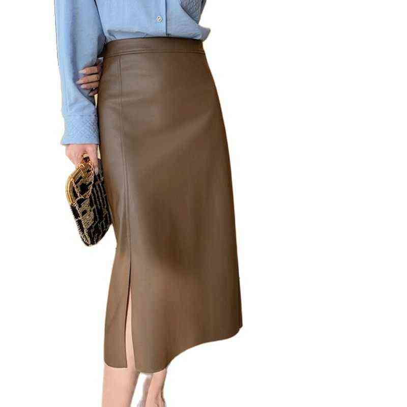 Seoulish Autumn Winter PU Leather Women's Long Skirt High Wasit Skirt Female Straight Side Split A-line Pencil Skirts 211119